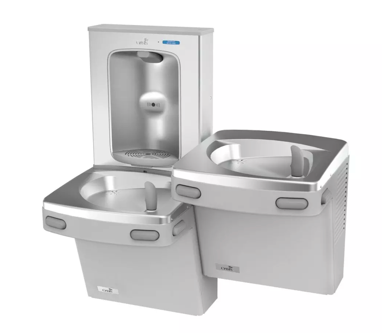 Oasis OPG8EBFSLGST ADA-Compliant 8 GPH Bi-Level Wall-Mounted Water Cooler with Integrated Bottle Filler – Stainless Steel - Greystone Finish